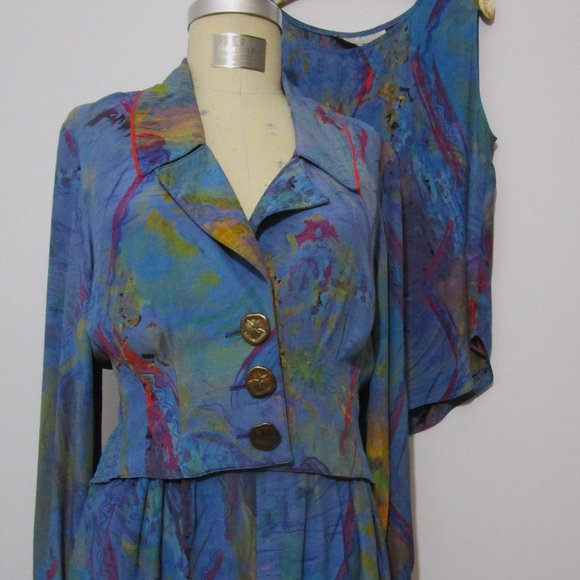 80s Rayon Cropped Jacket Tank Shorts Suit Abstract T - Picture 13 of 13